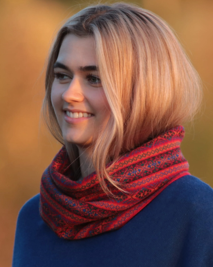 Cashmere Blend Fairisle Snood Venetian Red, Burnt Orange and Royal Blue | The Nancy Smillie Shop - Art, Jewellery & Designer Gifts Glasgow Scotland