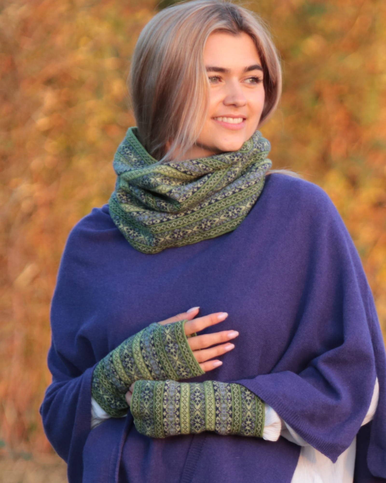 Cashmere Blend Fairisle Wrist Warmers: Peacock Venetian Red and Mustard - Gloves - Scotland