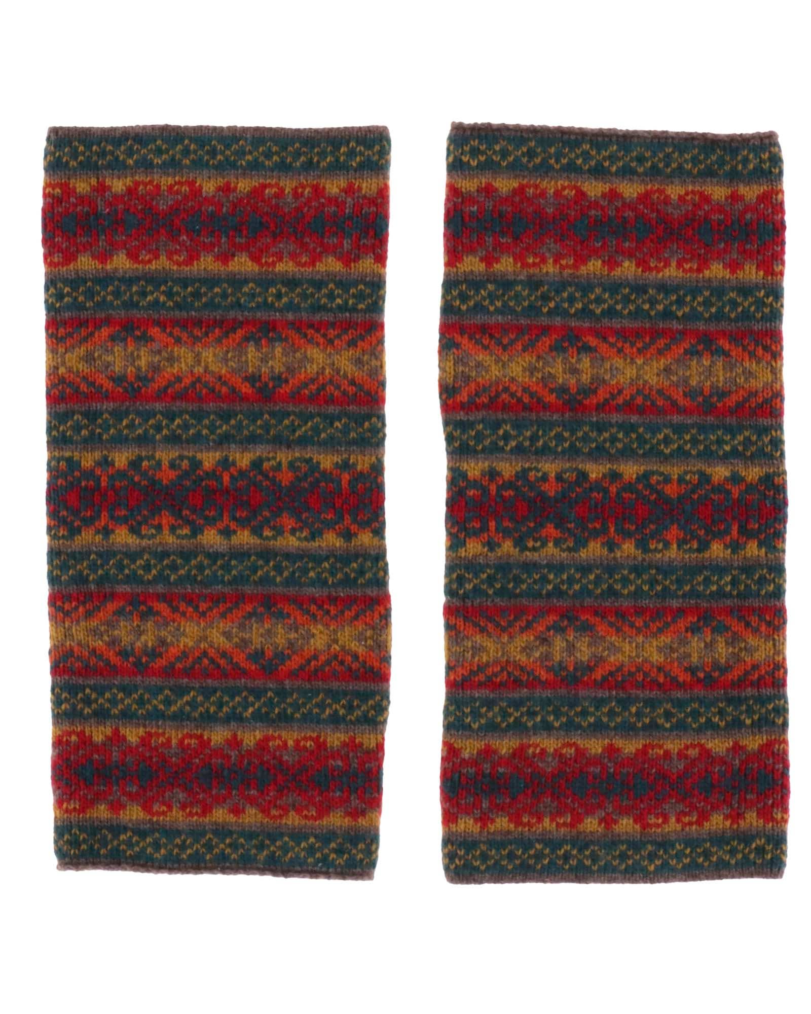 Cashmere Blend Fairisle Wrist Warmers: Peacock Venetian Red and Mustard - Gloves - Scotland