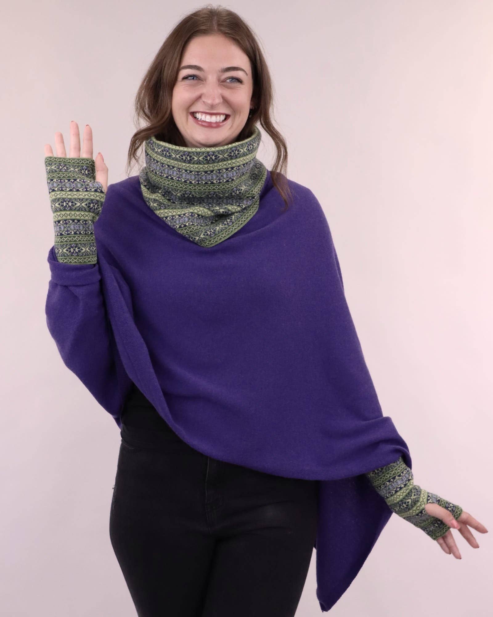 Cashmere Blend Fairisle Wrist Warmers: Peacock Venetian Red and Mustard - Gloves - Scotland