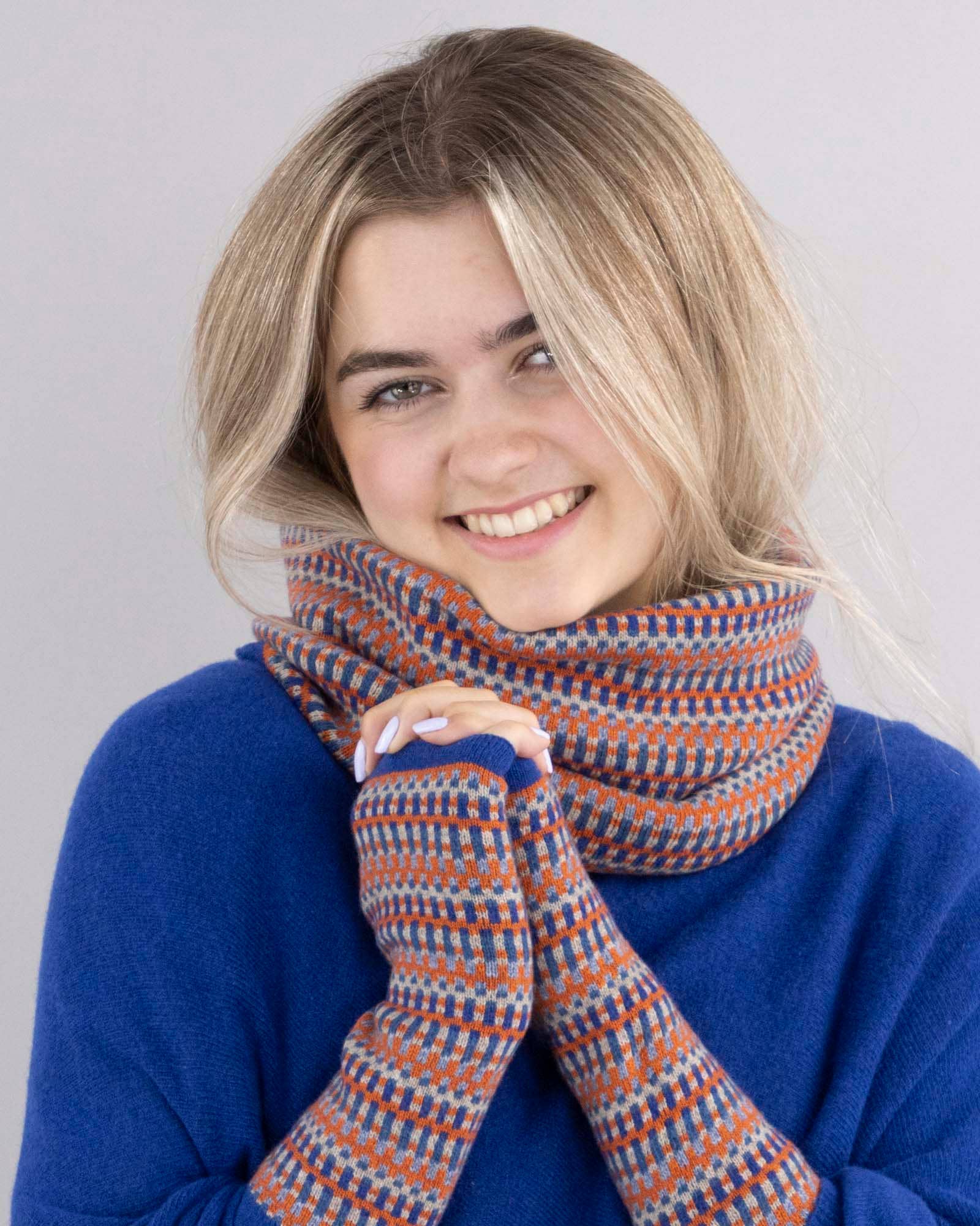 Cashmere Blend Geo Snood: Royal Blue and Burnt Orange Denim - ALL ITEMS - Scotland