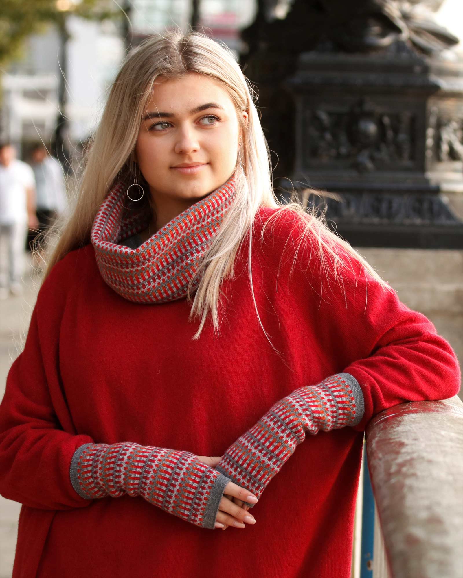 Cashmere Blend Geo Snood: Royal Blue and Burnt Orange Denim - ALL ITEMS - Scotland