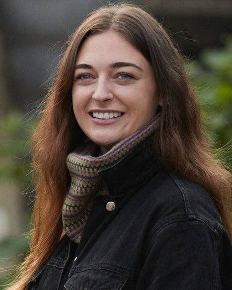 Cashmere Blend Geo Snood: Royal Blue and Burnt Orange Denim - ALL ITEMS - Scotland