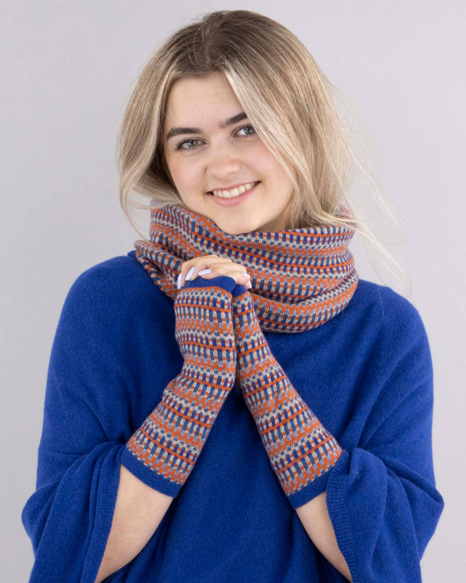 Cashmere Blend Geo Wrist Warmers: Royal Blue Burnt Orange and Denim | The Nancy Smillie Shop - Art, Jewellery & Designer Gifts Glasgow Scotland
