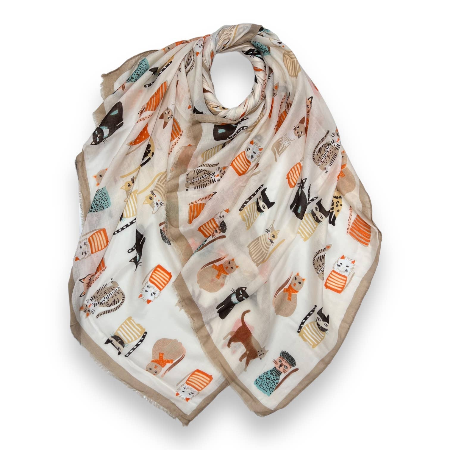Beige silk scarf with colorful cats wearing hats pattern
