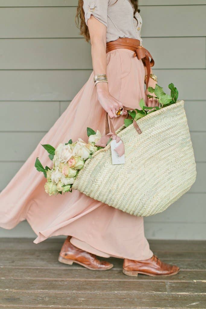 Handmade Straw Bag with Leather Handles, French Market Bag: Brown