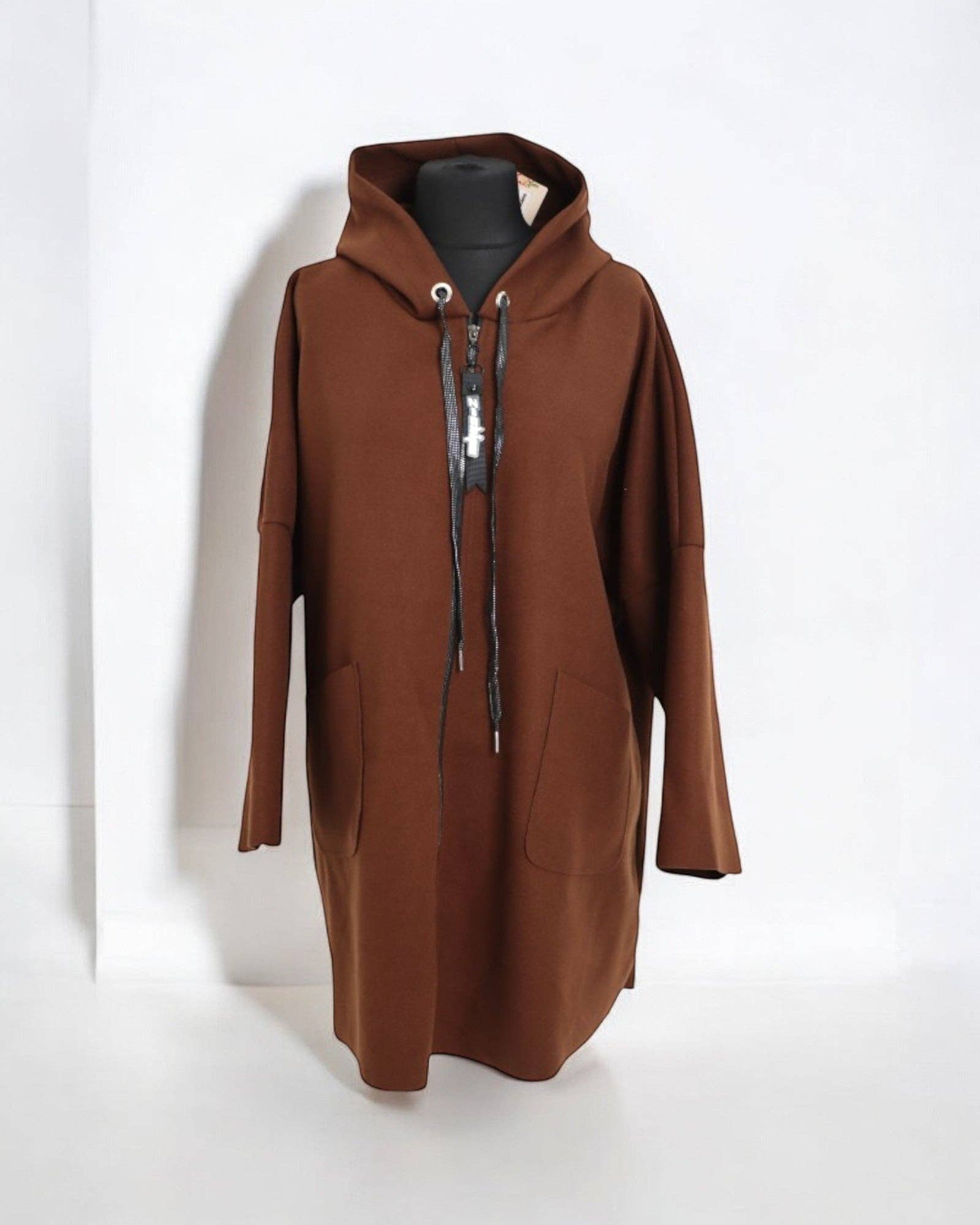 Italian Oversized Longsleeve Zip Up Drawstring Hooded Jacket: Beige / One Size To Fit UK 8-22