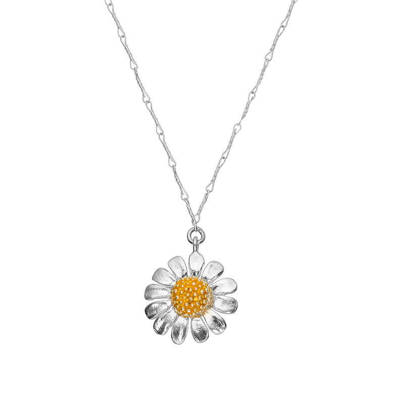 Silver chamomile daisy pendant necklace with yellow center