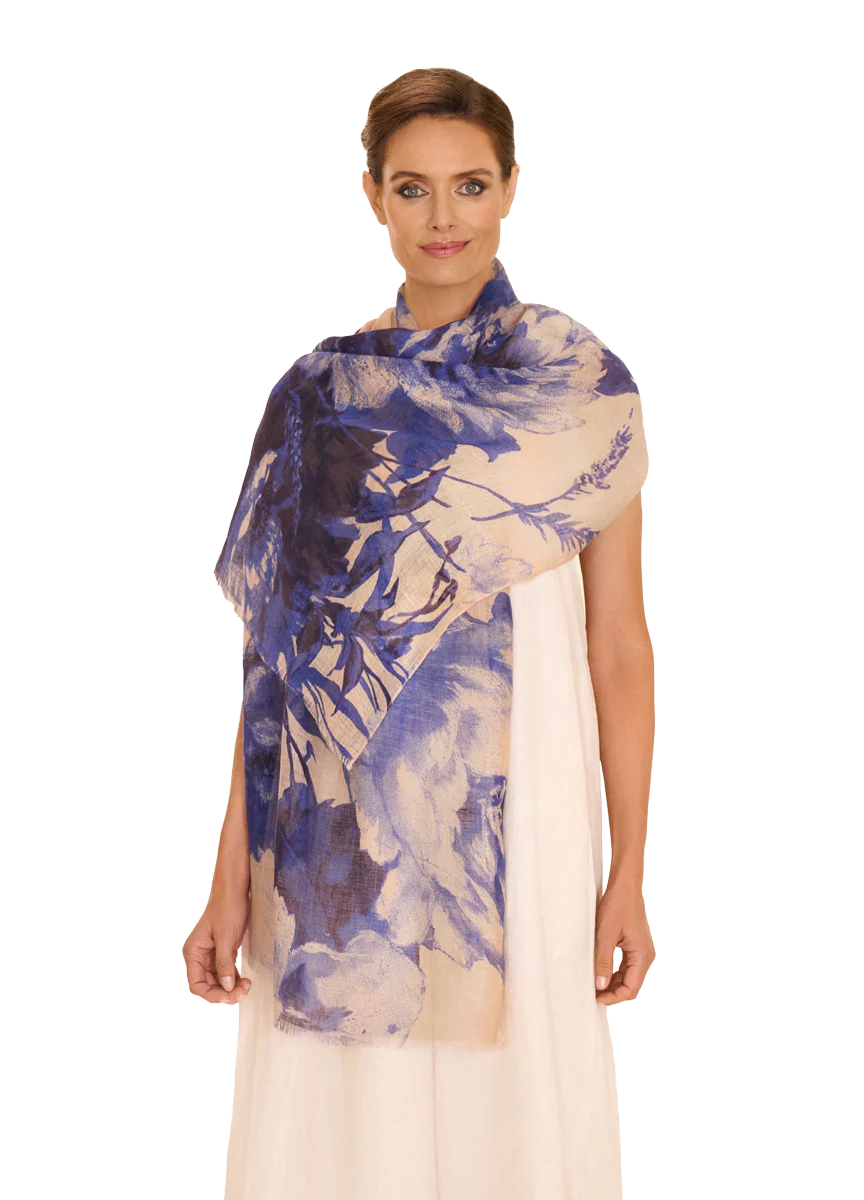 China Blue Blooms Linen Scarf