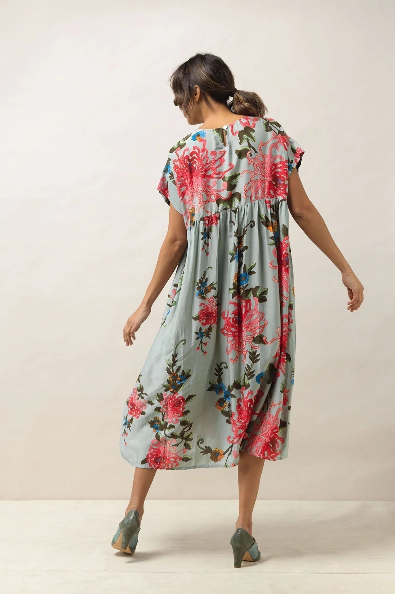 Chrysanthemum Aqua Pleat Dress - The Nancy Smillie Shop - Art, Jewellery & Designer Gifts Glasgow