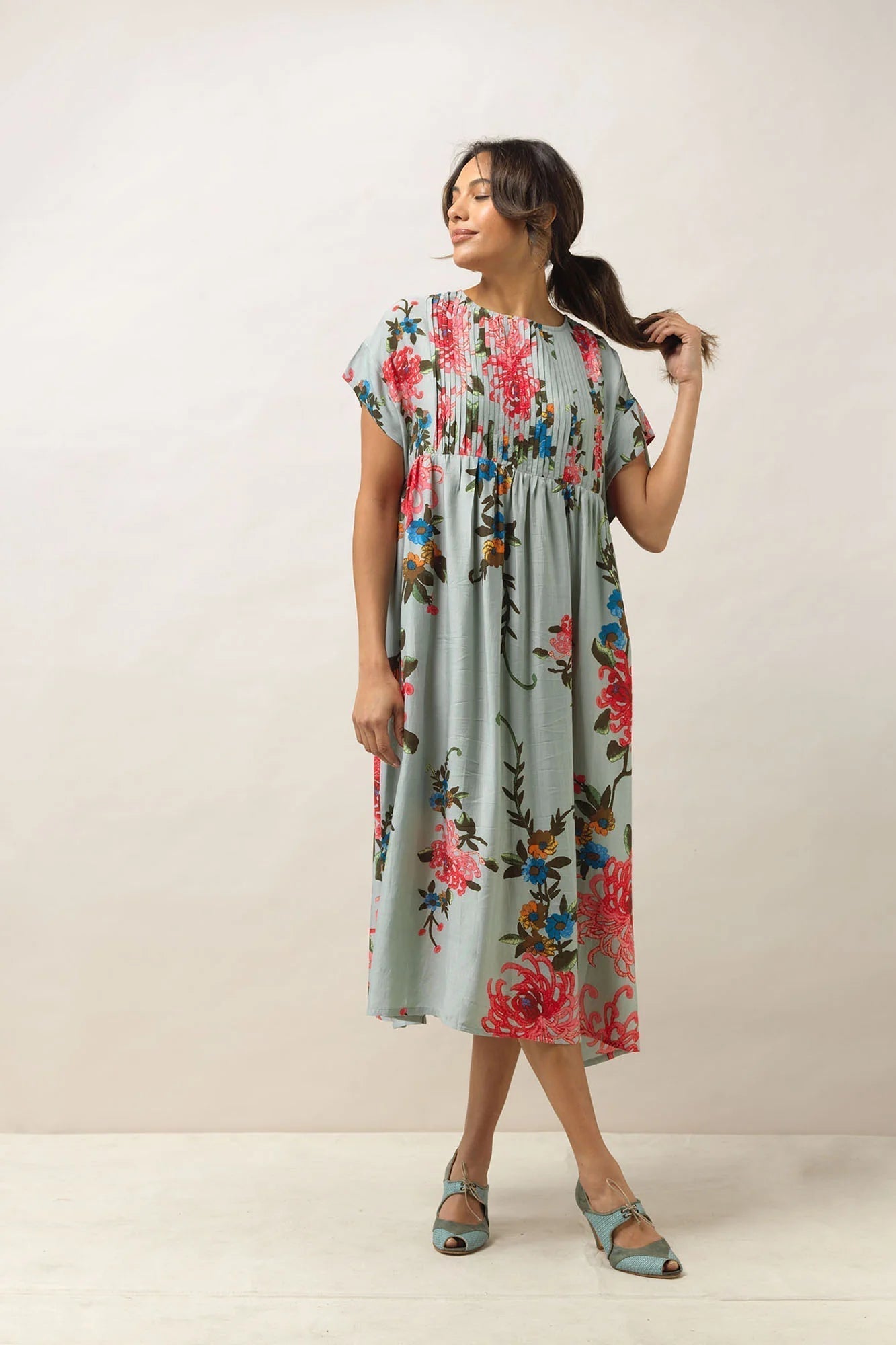 Chrysanthemum Aqua Pleat Dress - The Nancy Smillie Shop - Art, Jewellery & Designer Gifts Glasgow