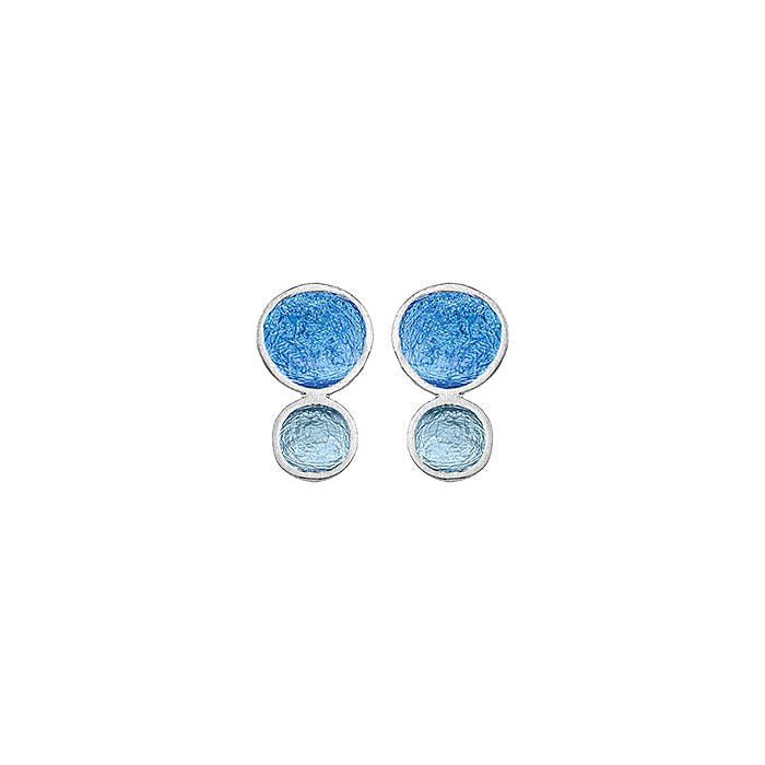 Ciel Blue Small Double Pebble silver stud earrings with crackled blue enamel discs
