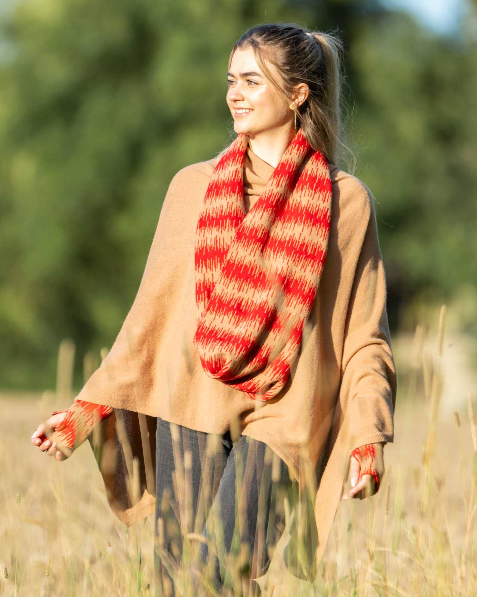 Cozy red beige striped knitted scarf on lilac cashmere blend poncho