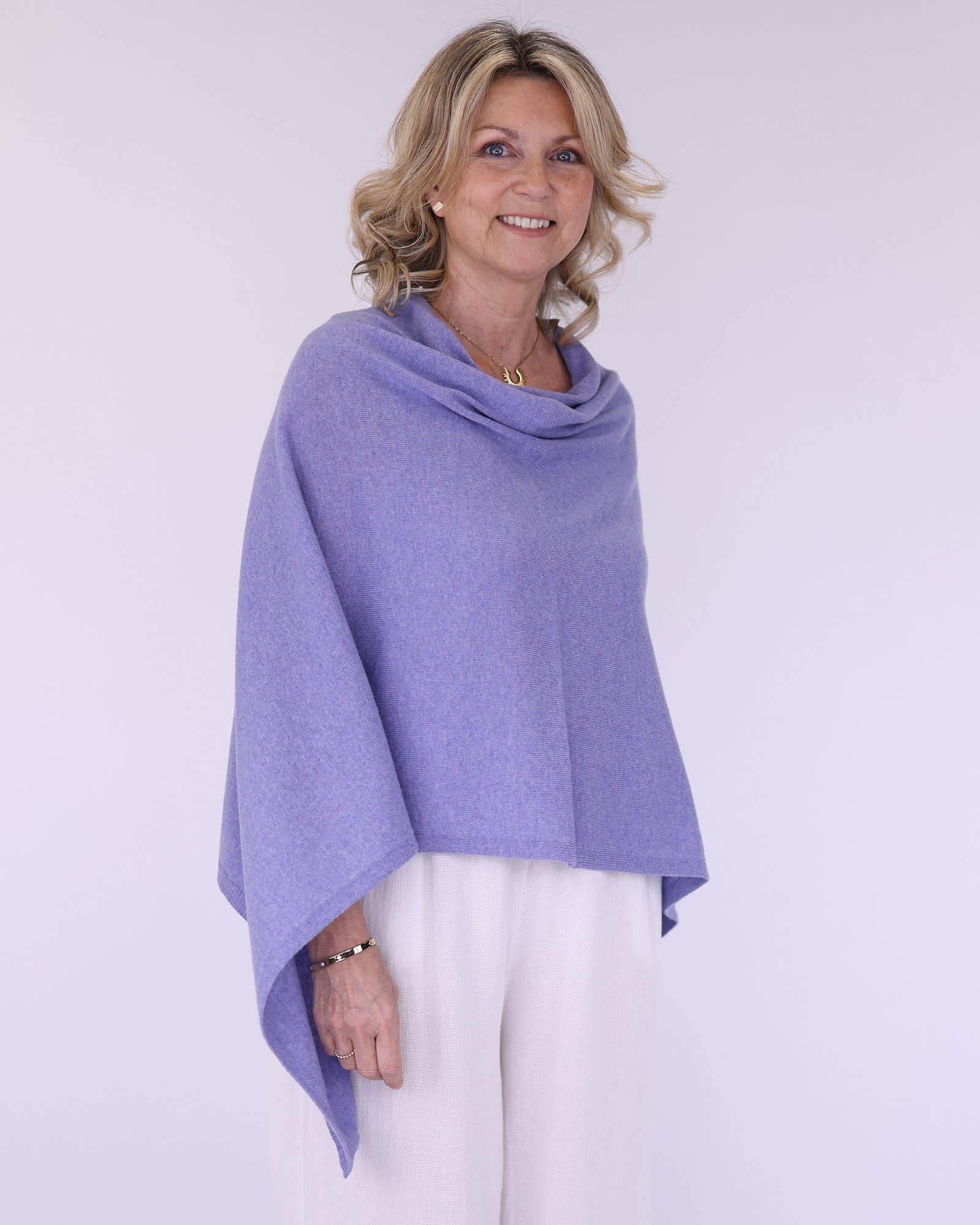 Lilac classic cashmere blend poncho with draped cowl neckline