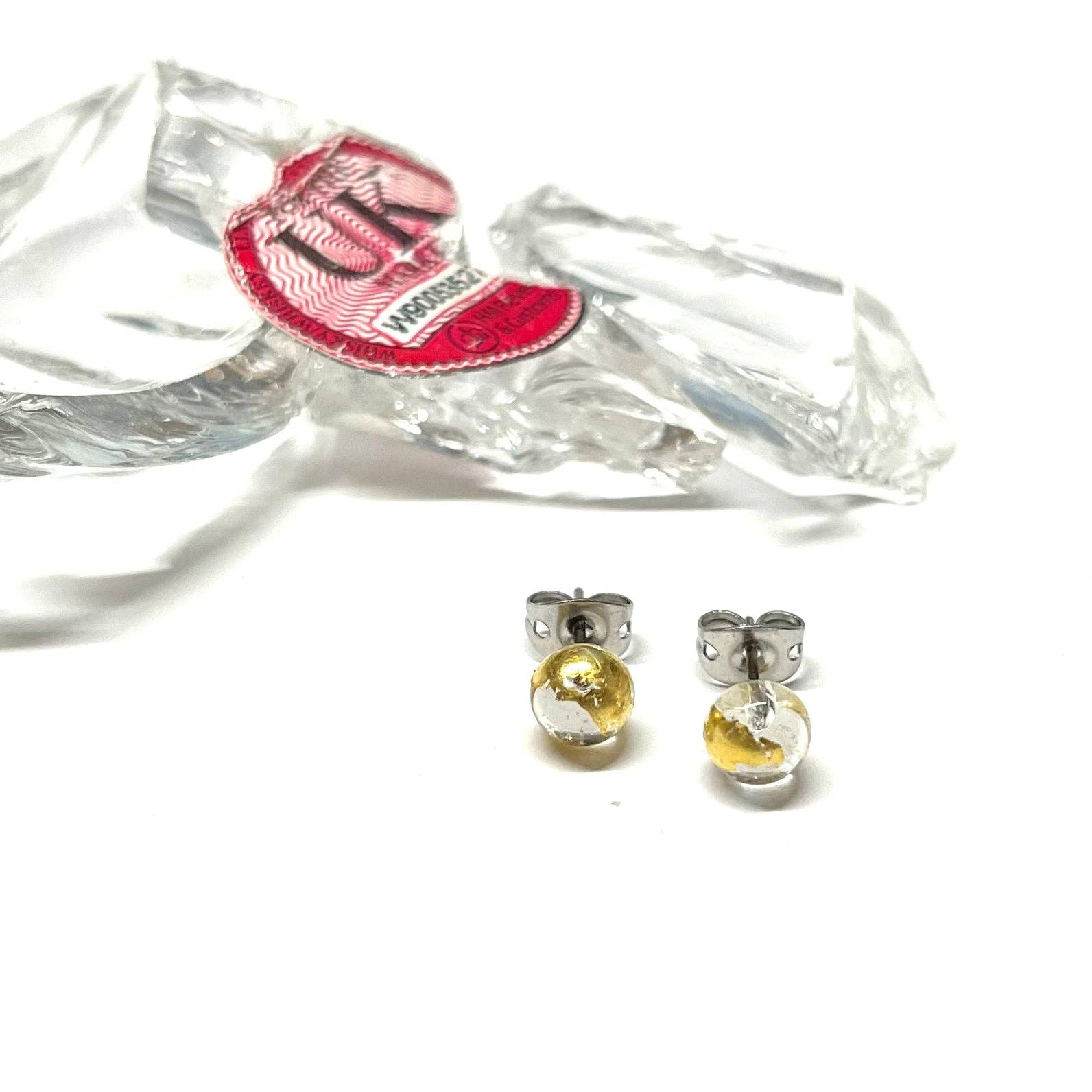 Clear and Gold Whisky Bottle Studs Recycled Glass Surgical Steel - Gifts Under £10 - Scotland