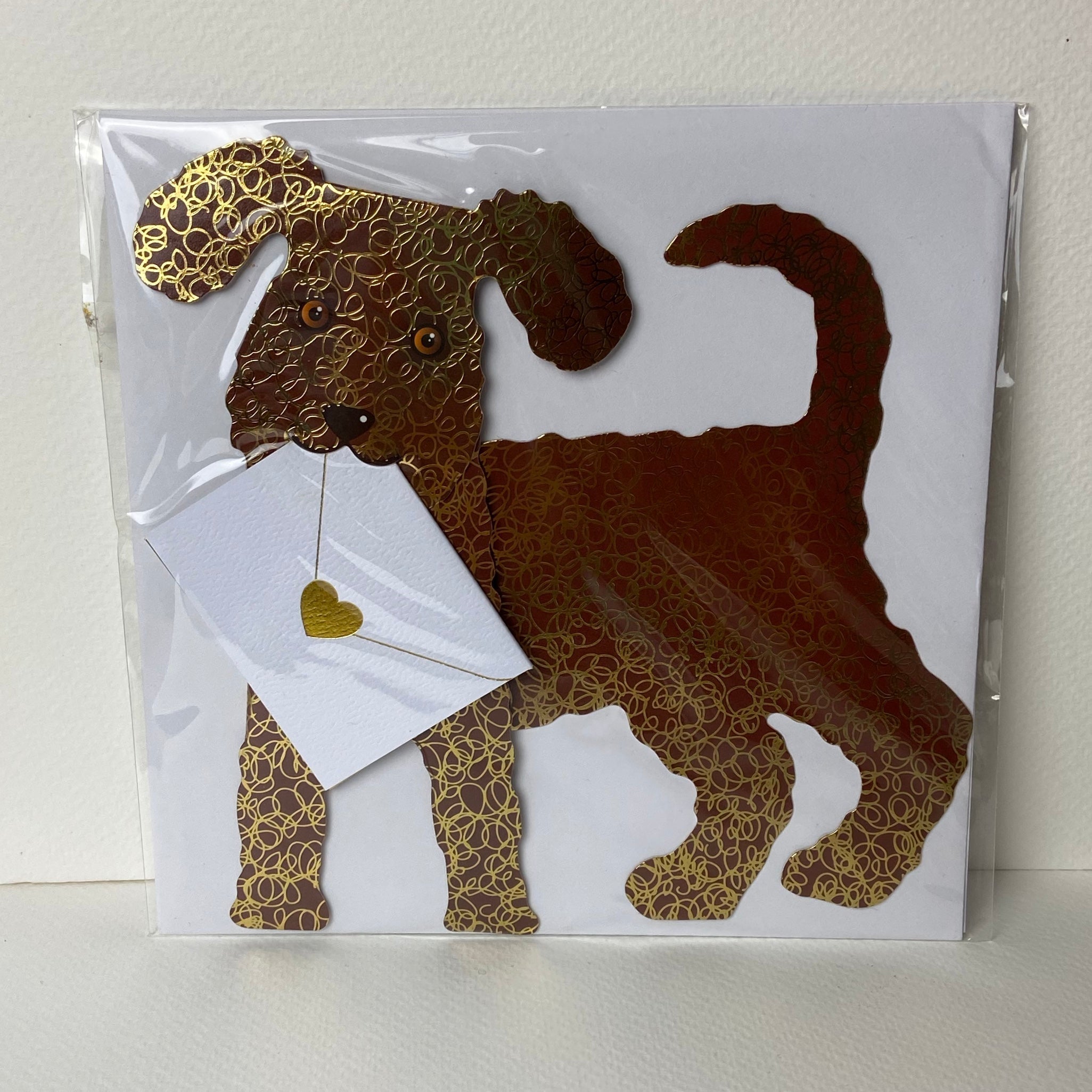 Coco Dog Card: brown gold foil dog greeting card with heart charm envelope
