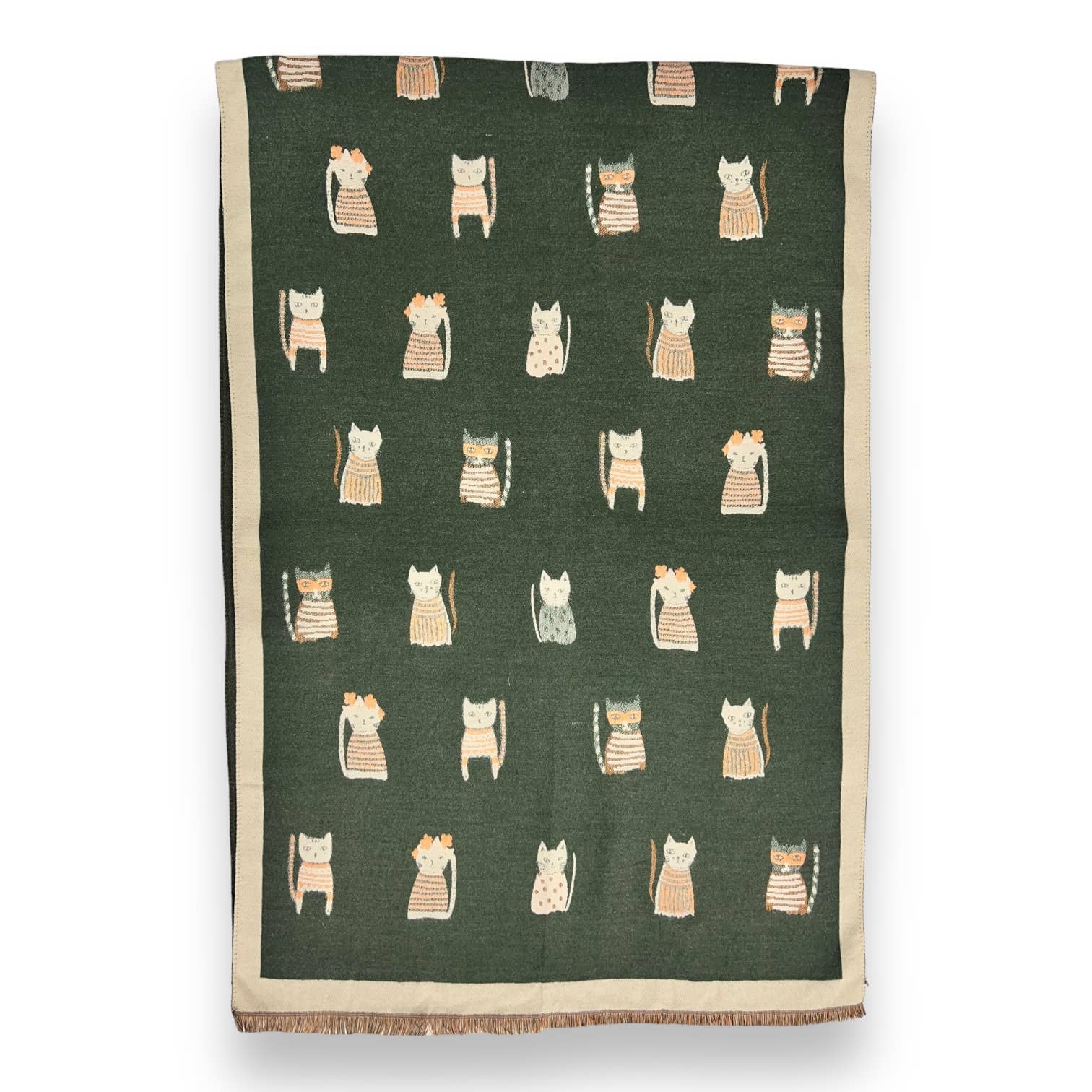 Colourful Cats prints on reversible Wool blend scarf: Khaki - Scarves! - Scotland