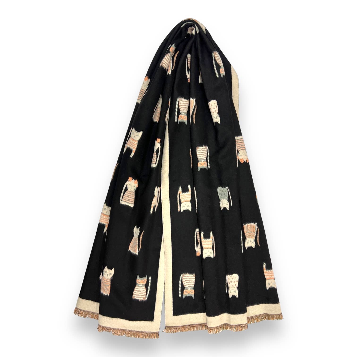 Colourful Cats prints on reversible Wool blend scarf: Khaki - Scarves! - Scotland