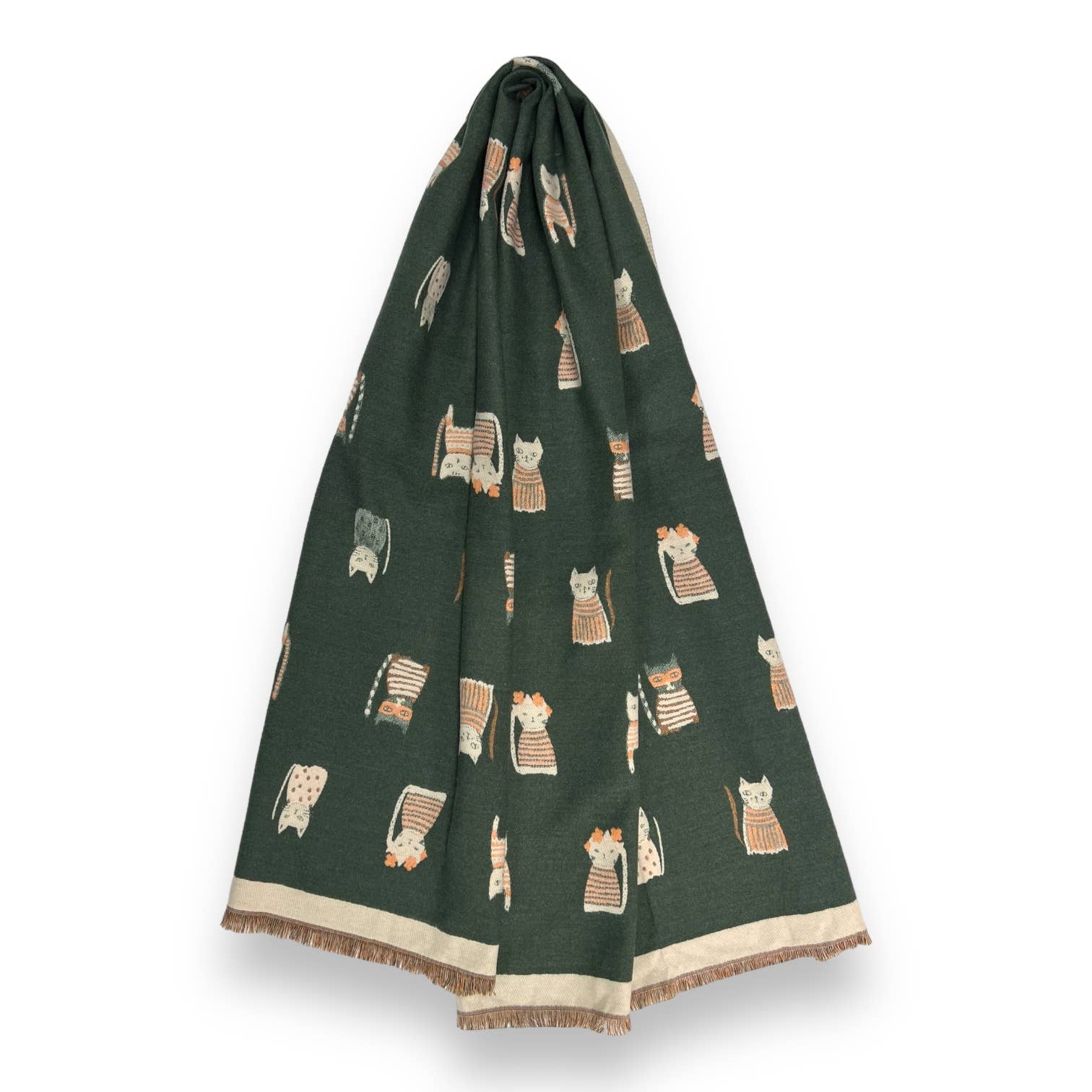 Colourful Cats prints on reversible Wool blend scarf: Khaki - Scarves! - Scotland