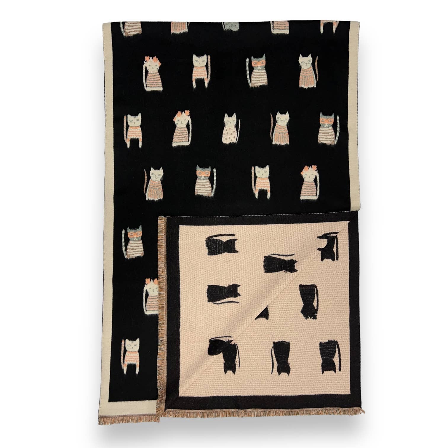 Colourful Cats prints on reversible Wool blend scarf: Khaki - Scarves! - Scotland