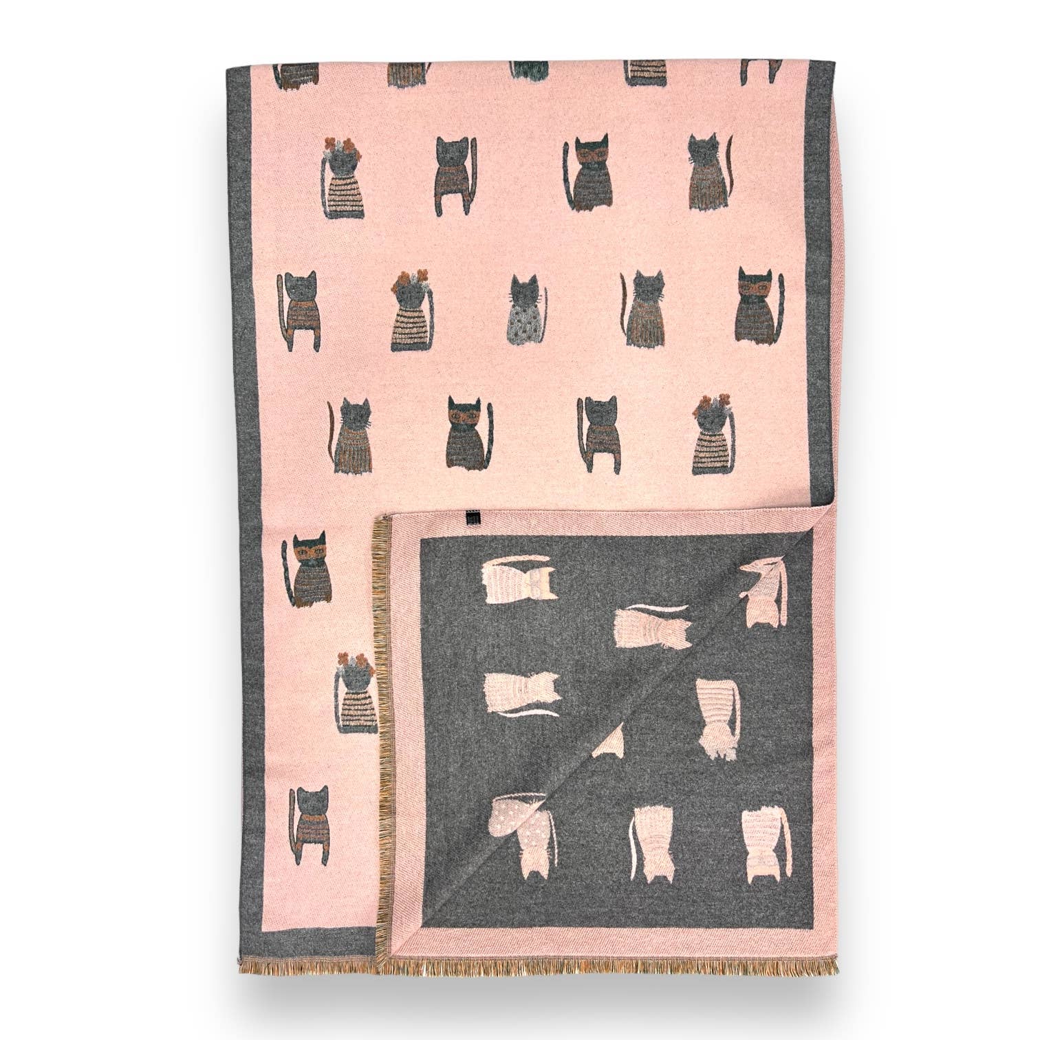 Colourful Cats prints on reversible Wool blend scarf: Khaki - Scarves! - Scotland