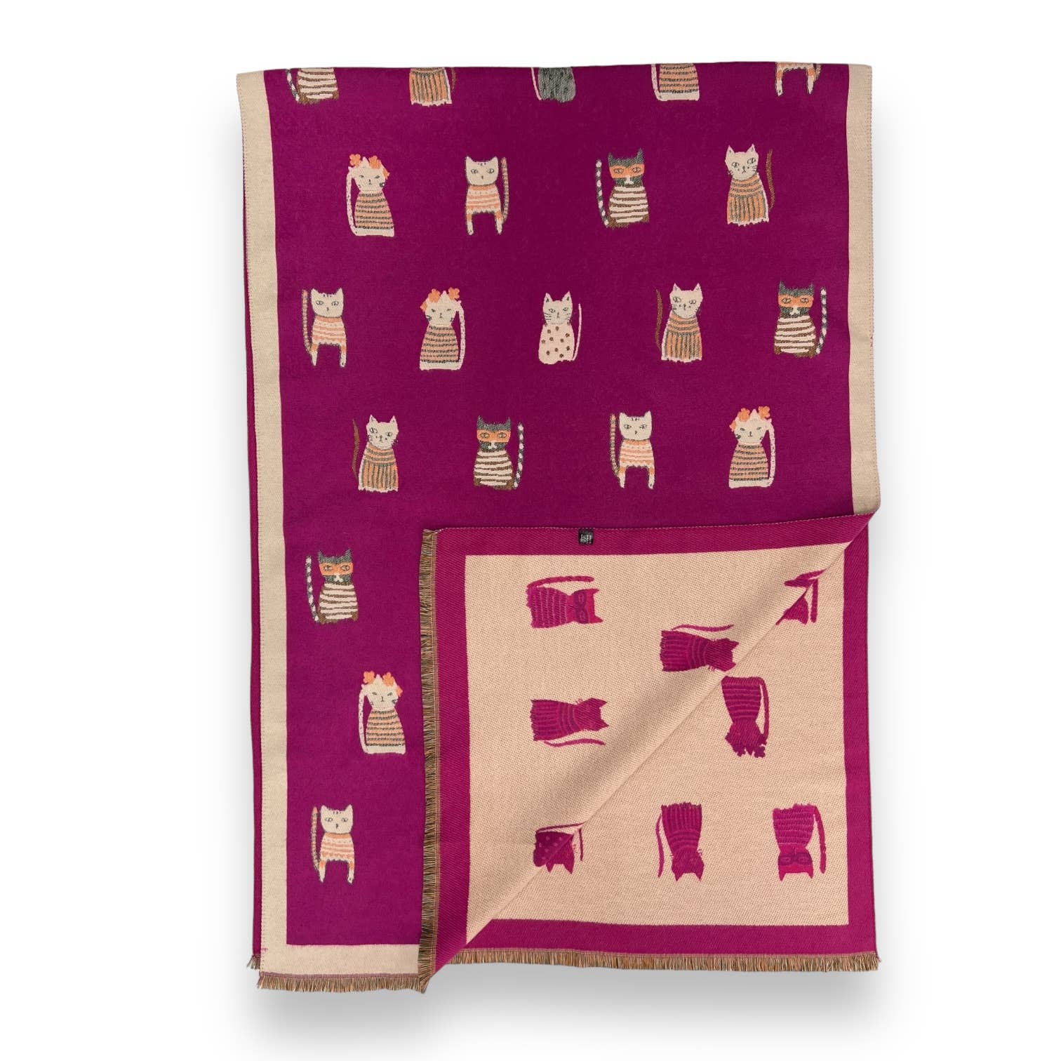 Colourful Cats prints on reversible Wool blend scarf: Khaki - Scarves! - Scotland