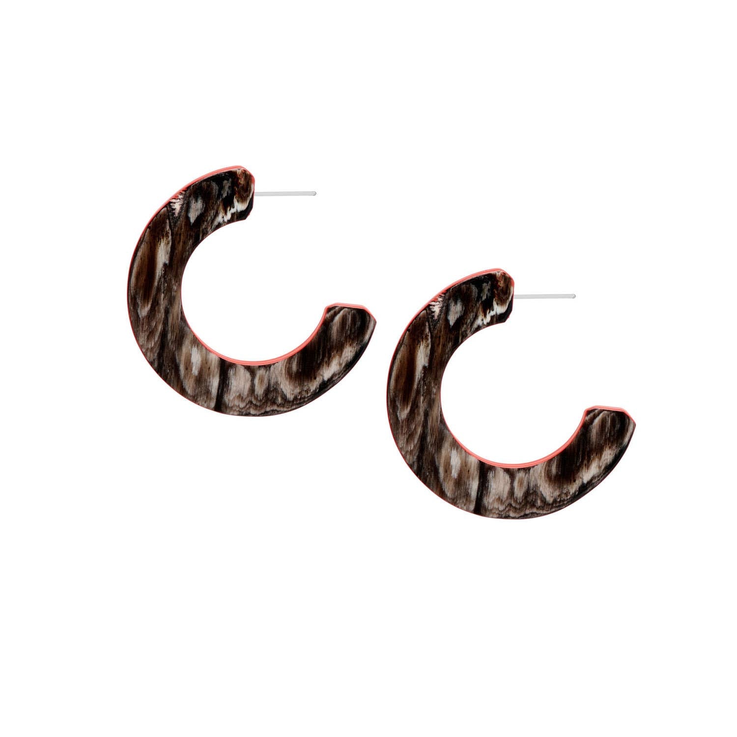 Brown and white marbled hoop earrings with pinkish inner edge