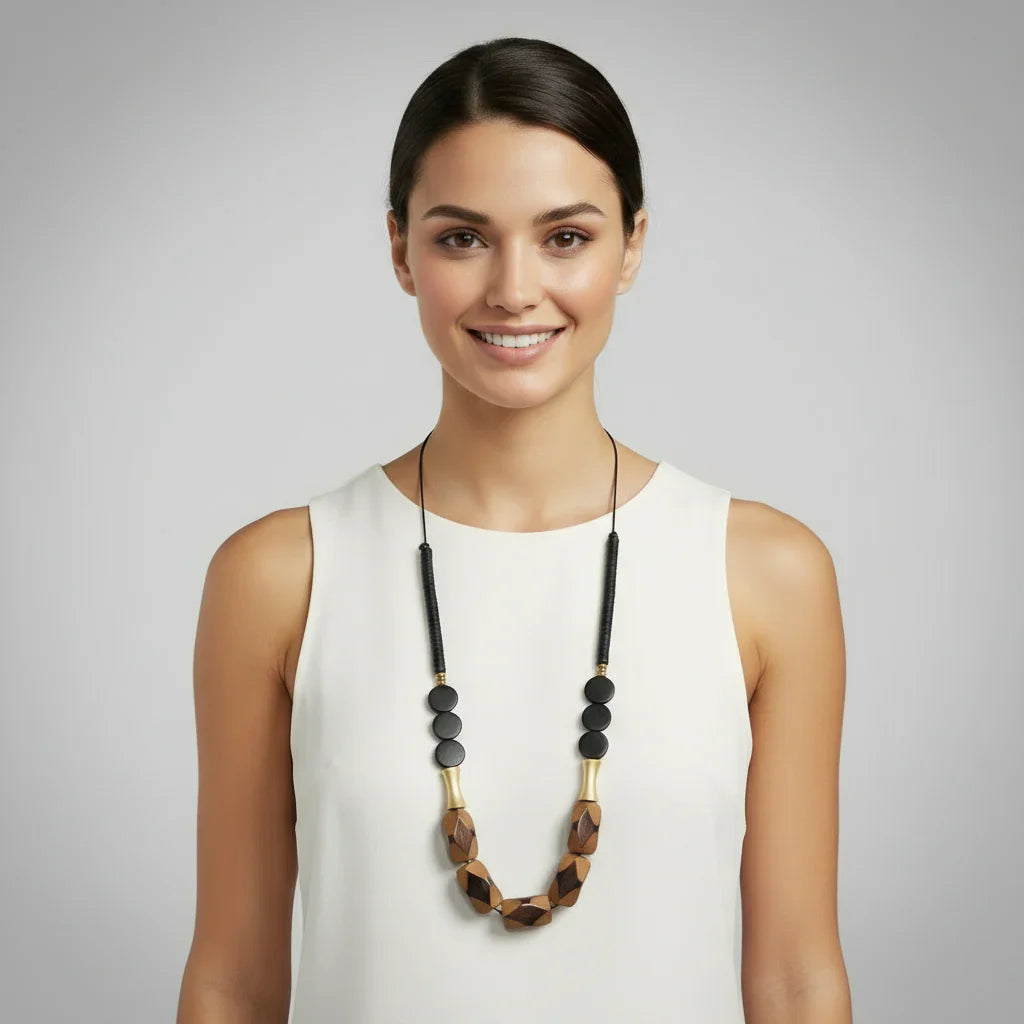 Stylish cord necklace with wooden beads, gold plating, dark brown and black geometric accents