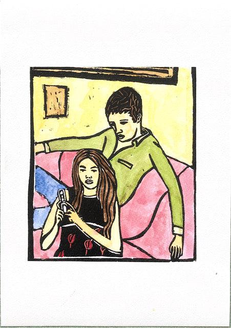Couple Dialling Framed Print - The Nancy Smillie Shop - Art, Jewellery & Designer Gifts Glasgow