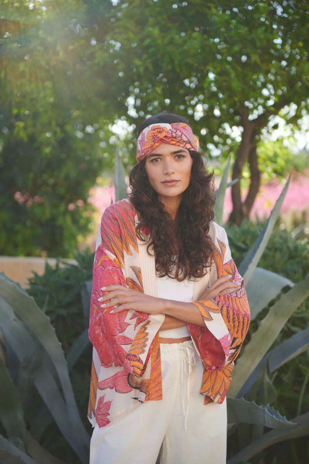 Vibrant pink orange floral headband with Crane Ecru Kimono
