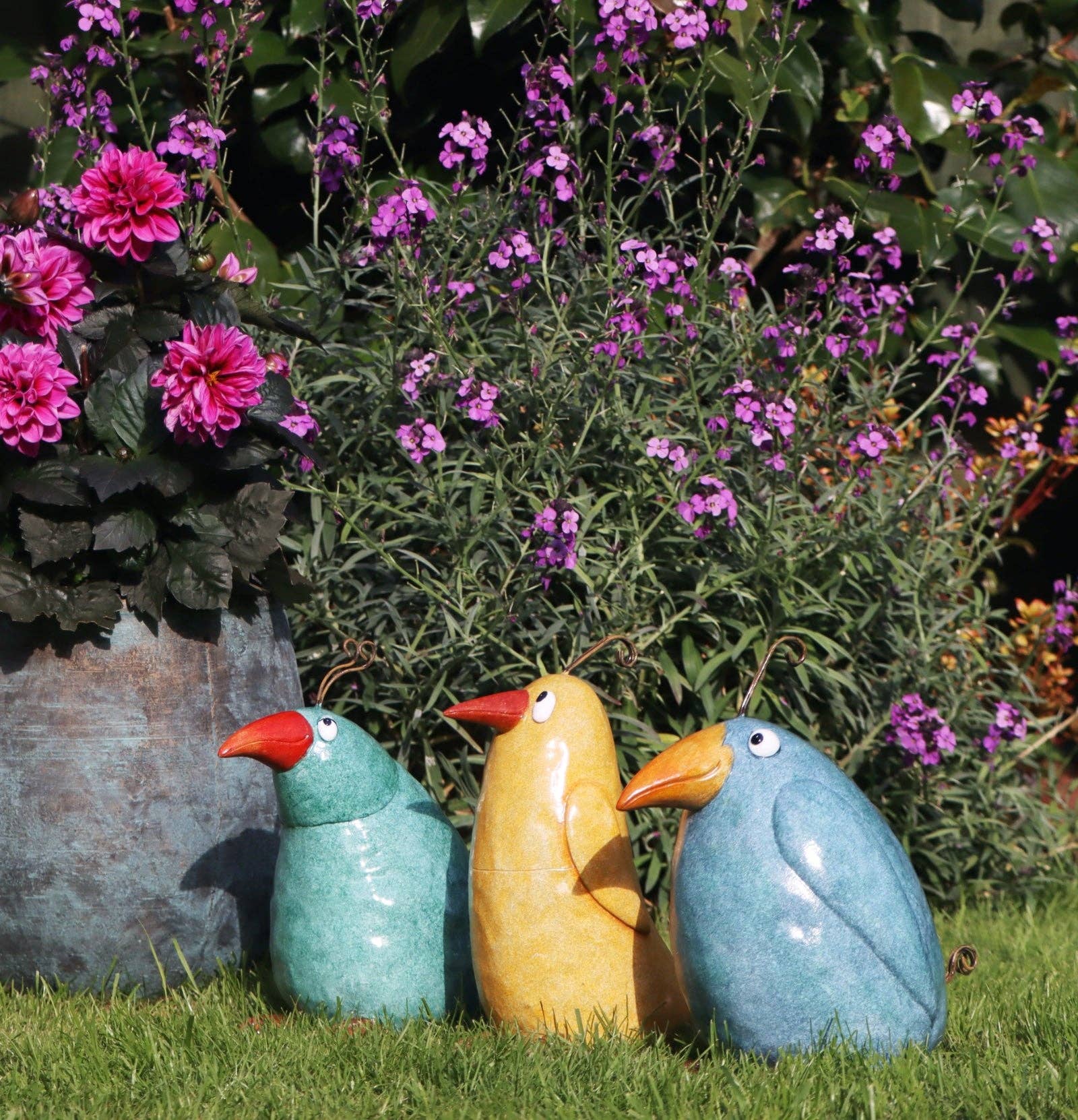 Crazy Bird - Blue: Colorful ceramic garden bird with painted beak and eye
