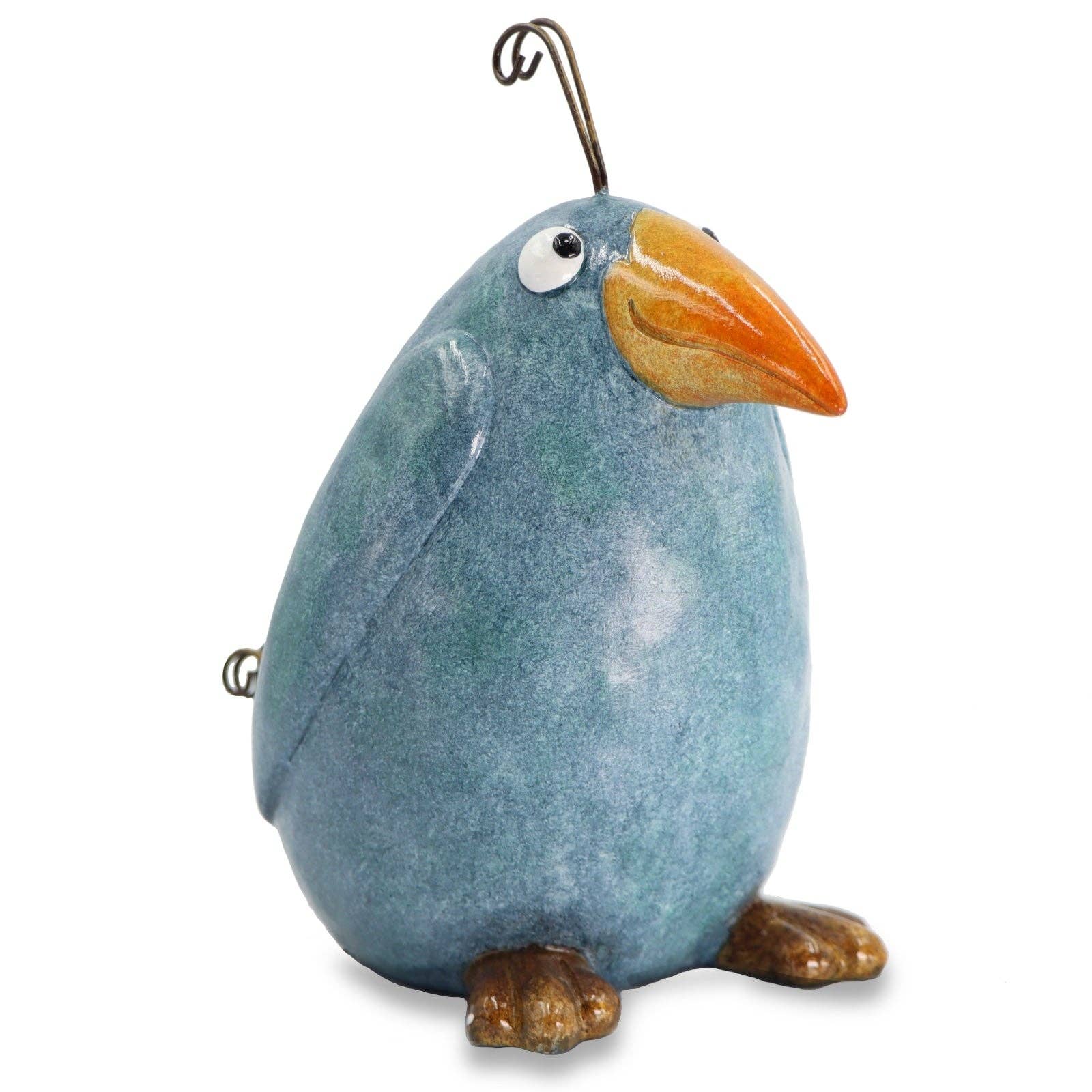 Charming blue Crazy Bird ceramic figurine with orange beak and hook