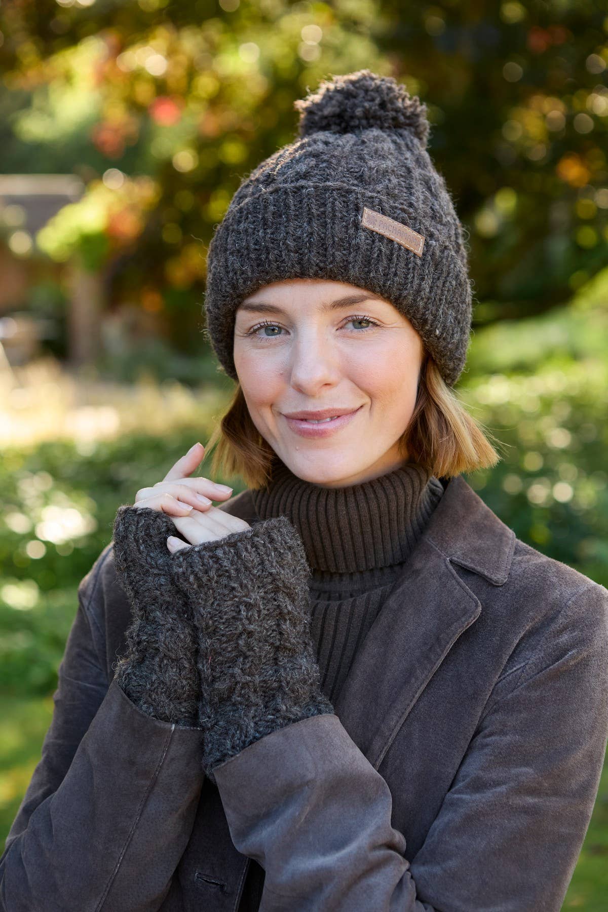 Chamonix - Cable Knit Sherpa Lined Wool Winter Bobble Hat Bark: Bark