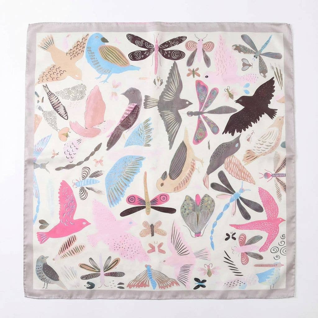 Birds & Bugs Square Silk Feel Scarf (70x70cm) - Grey