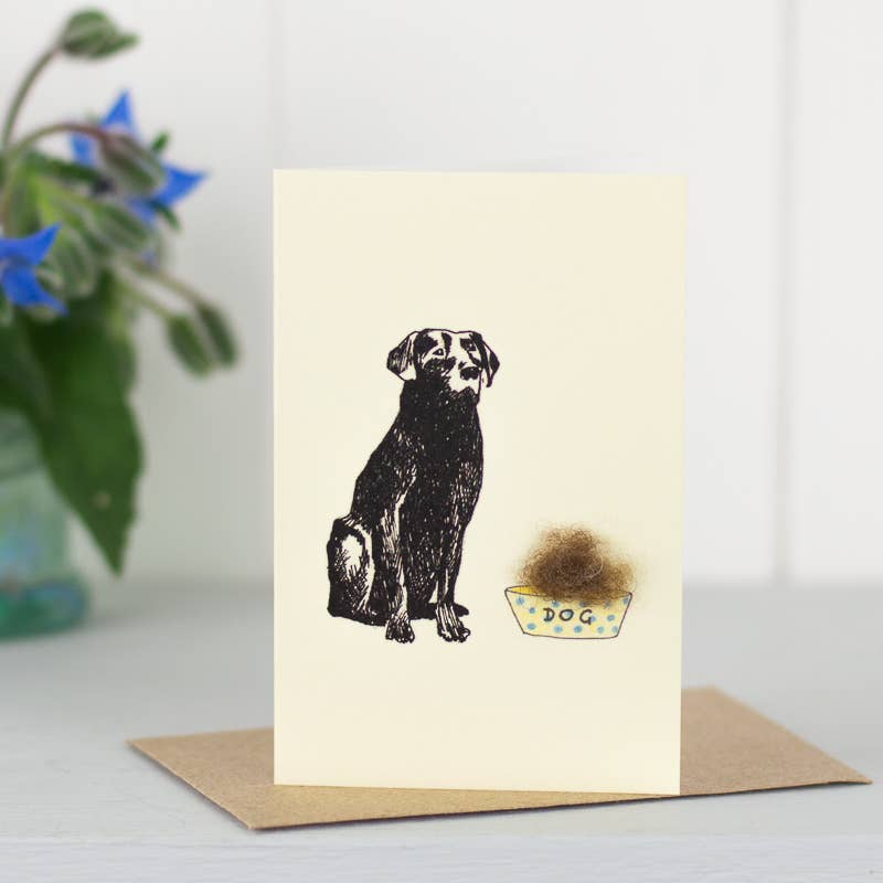 Mini Black Labrador greetings card hand finished with wool