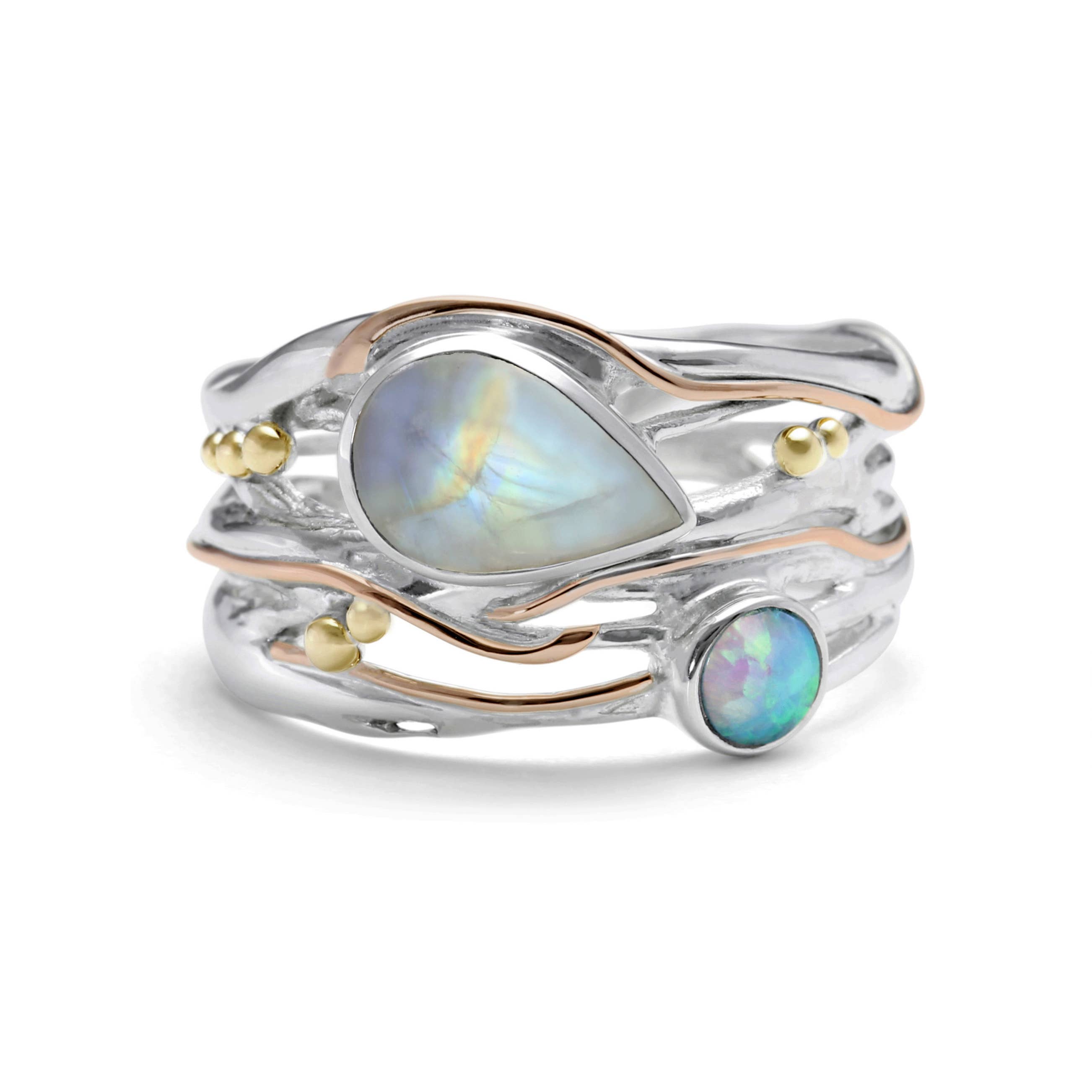 Handmade Sterling SilverMoonstone and Opalite Statement Ring: P