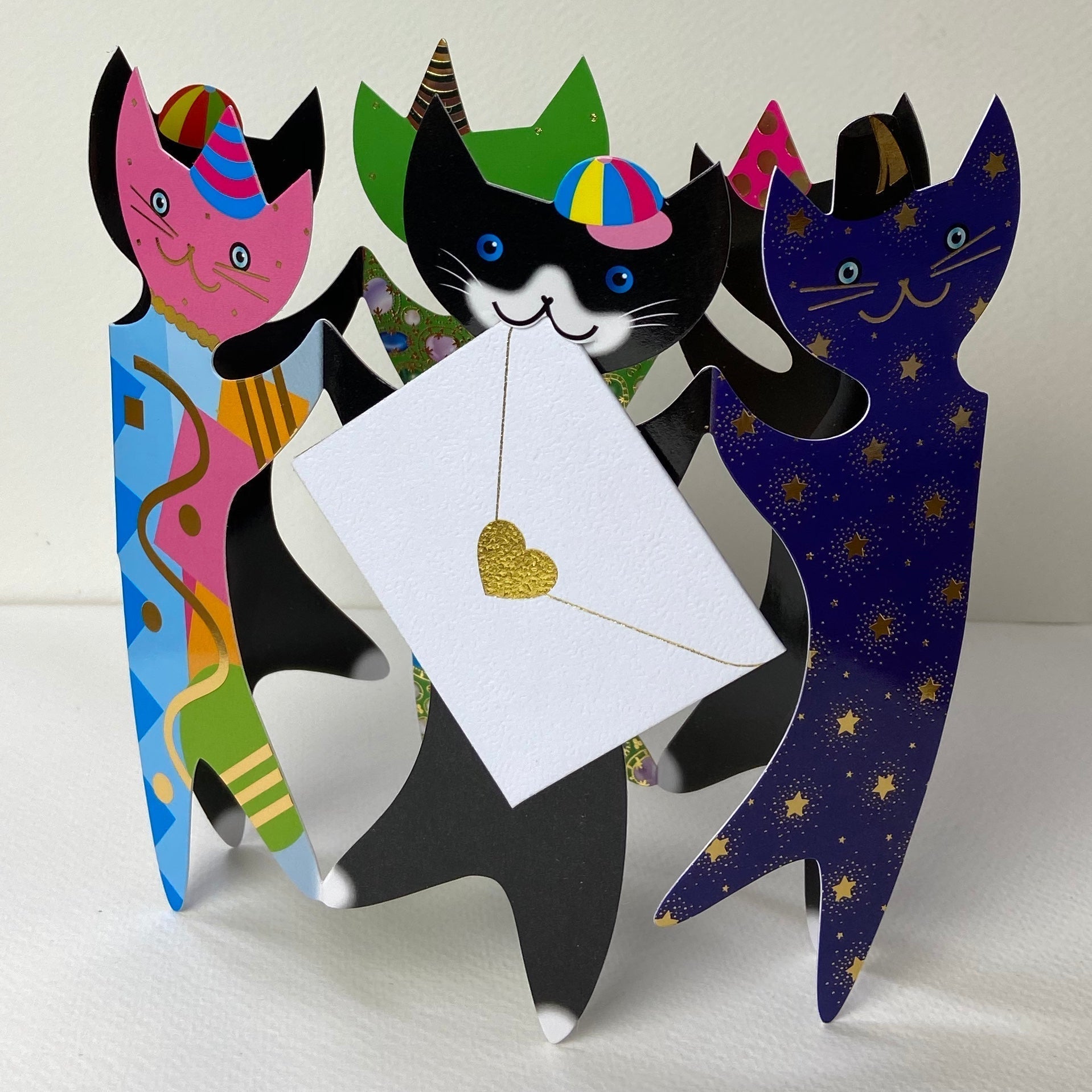 3D paper cutout cats in party hats for Dancing Party Cats Card