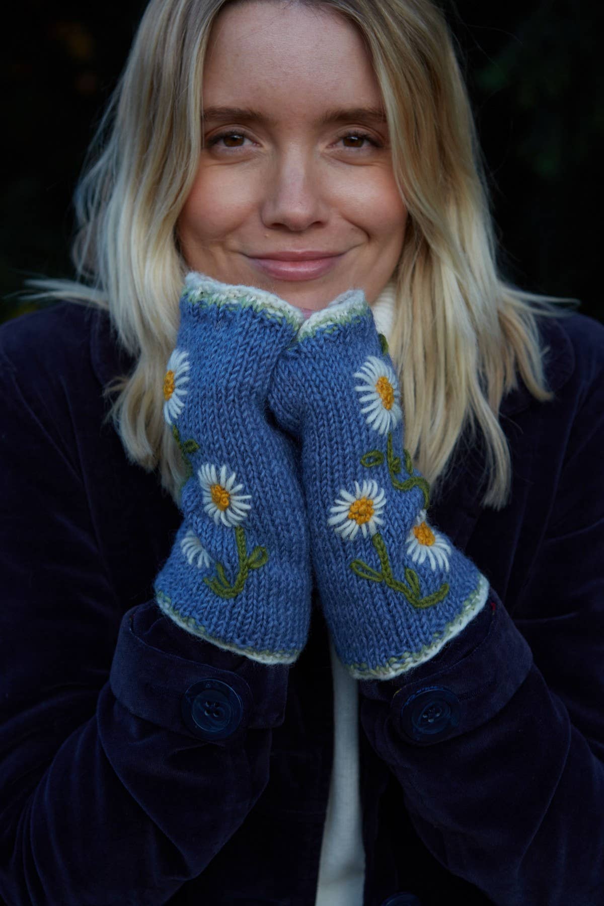 Daisy Chain - Blue Fleece Lined Knit Wool Fingerless Gloves: Jacaranda