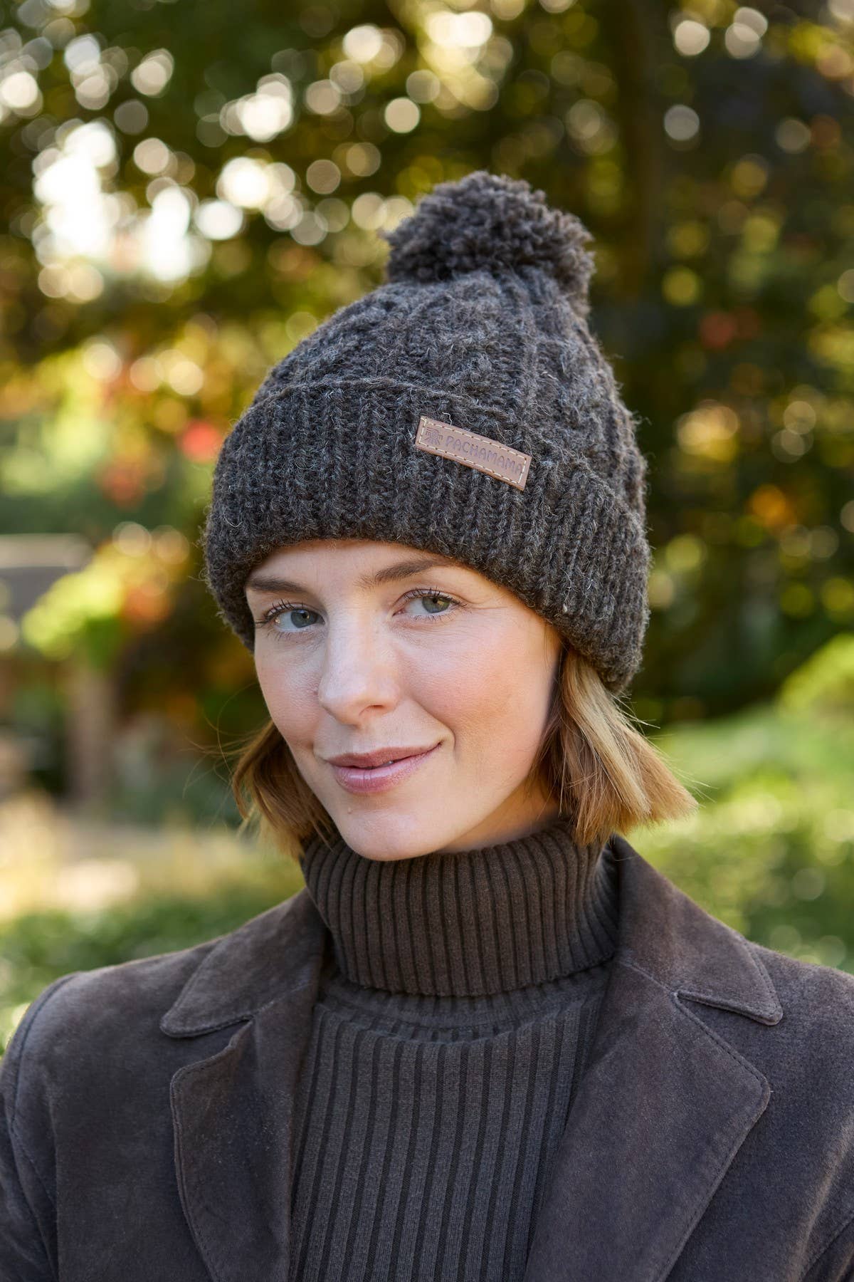 Chamonix - Cable Knit Sherpa Lined Wool Winter Bobble Hat Bark: Bark