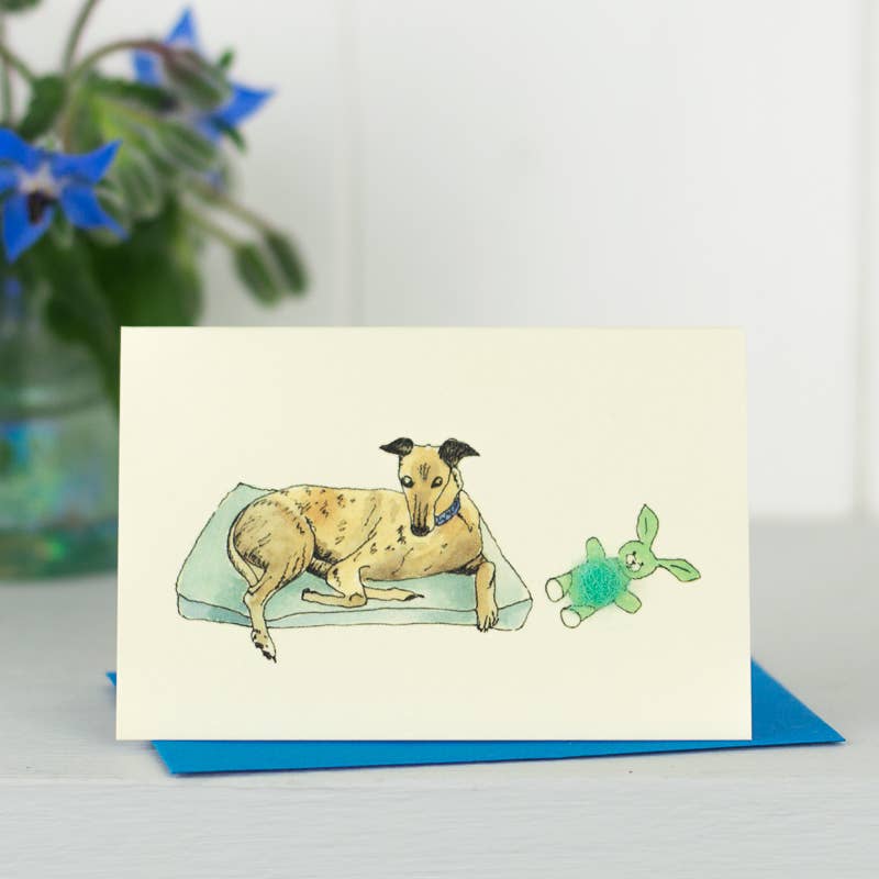 Mini Greyhound greetings card hand finished with wool