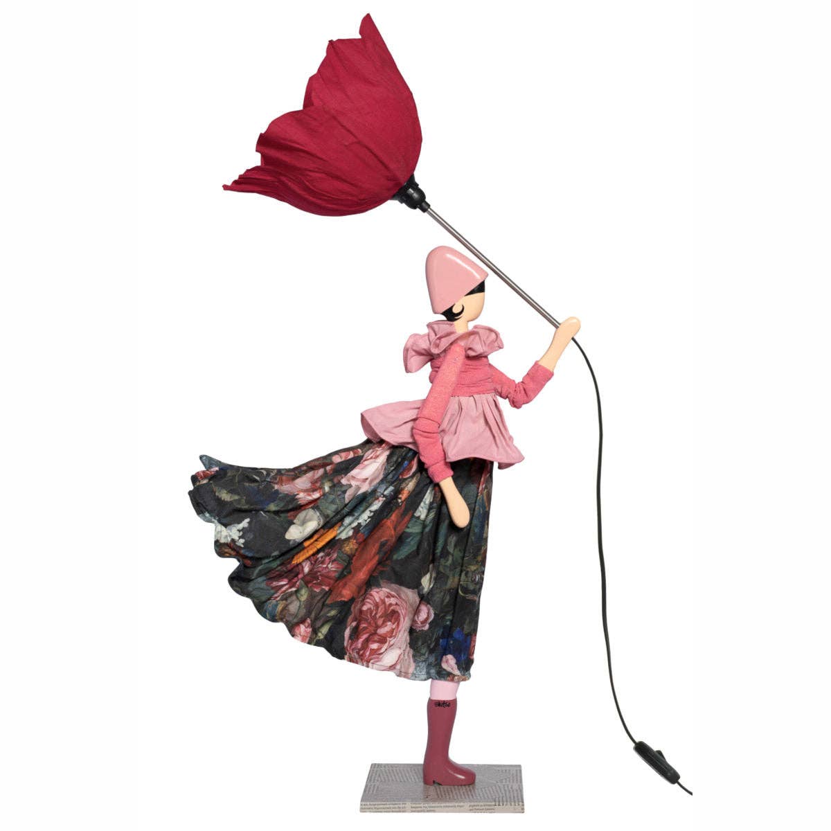 Dicentra Lady lamp: whimsical pink floral figurine with red umbrella