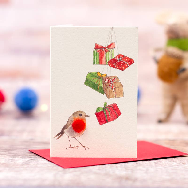 Mini Robin and presents Card | Hand finished with wool