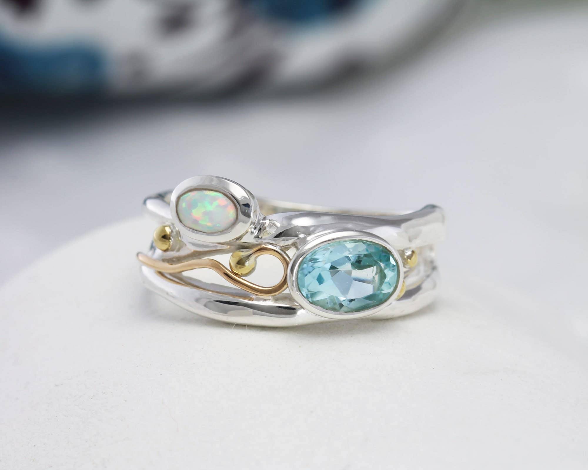 Blue Topaz & Opal Silver Ring M