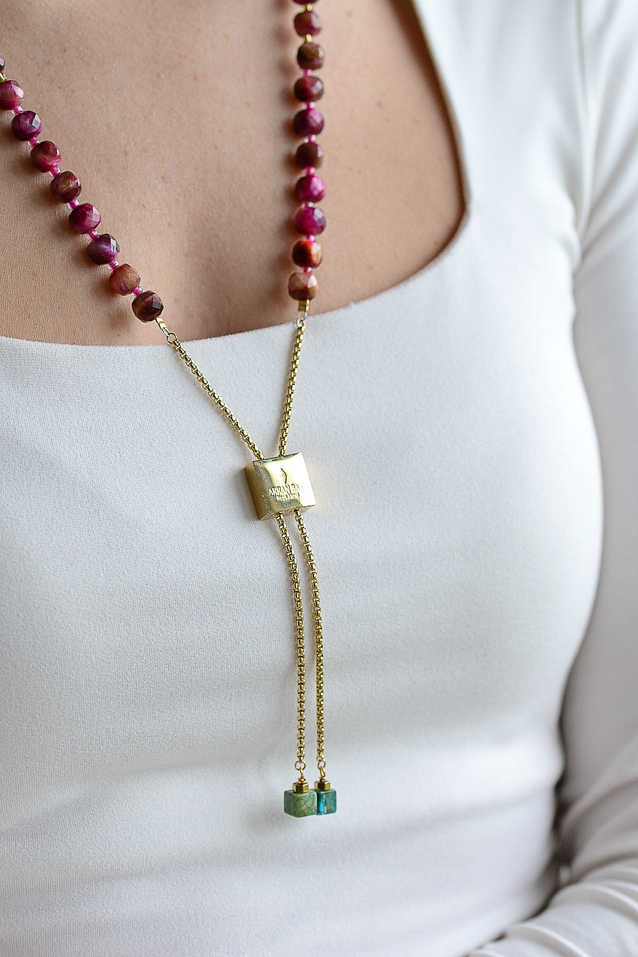 Eden Necklace: Teal - gold chain with pink-purple beads, engraved clasp, turquoise pendant