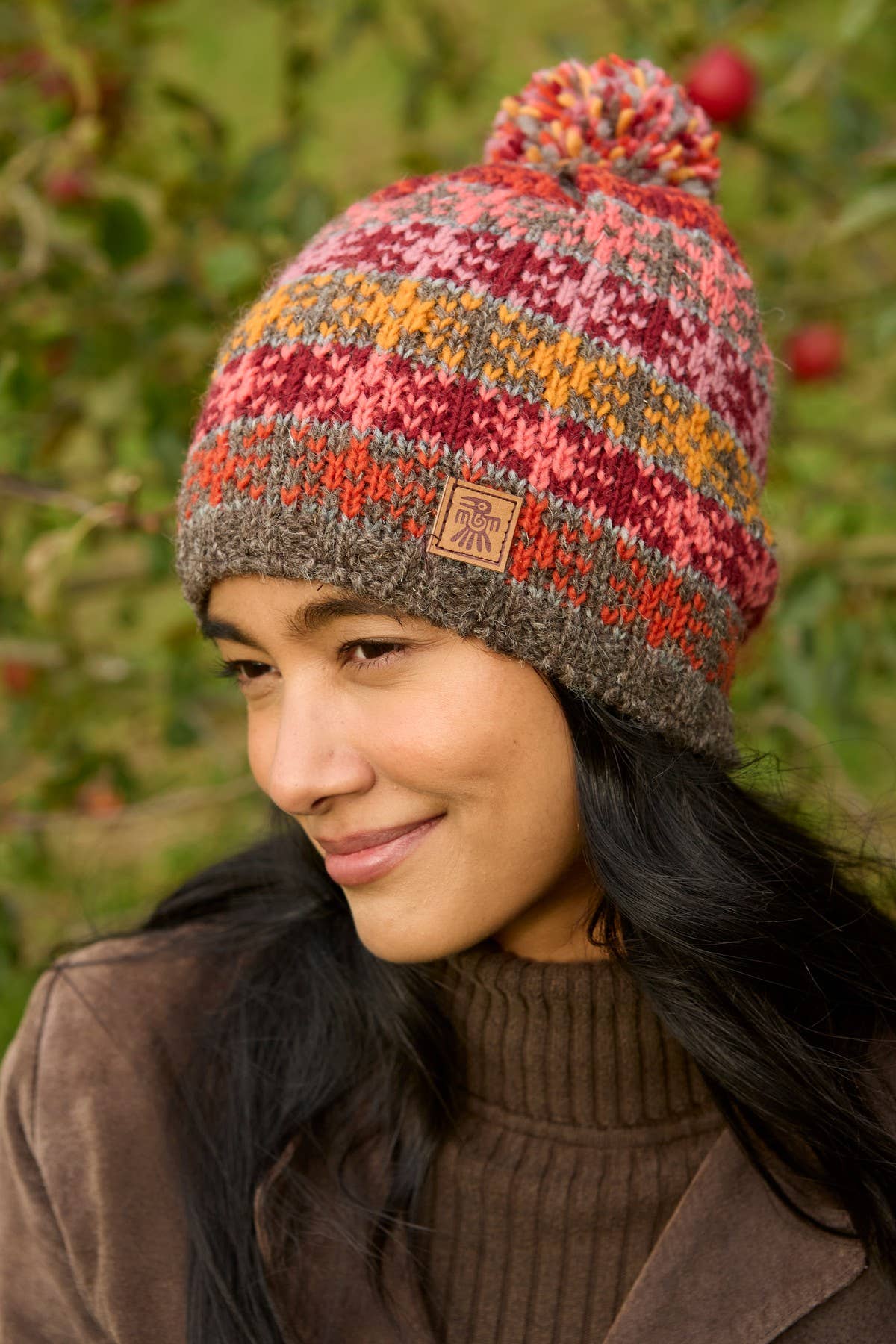 Tintagel Earth Fair Isle Pattern Bobble Hat Fine Knit Wool: Warm