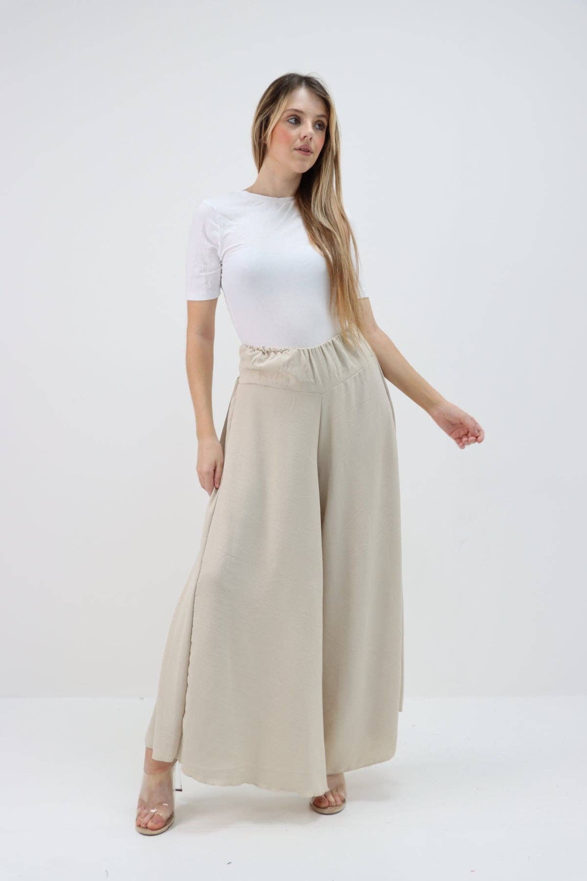 Italian Plain Palazzo Trousers: Beige / One Size (UK 10-24)