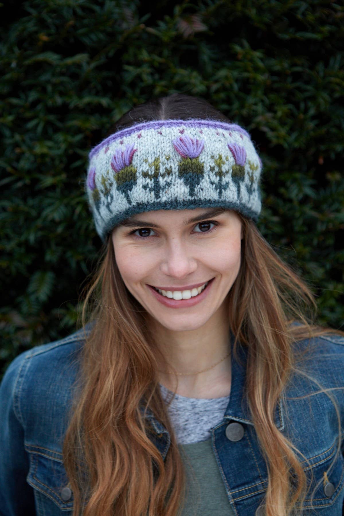 Scottish Thistle Knit Ear Warmers Grey Wool Floral: One Colour