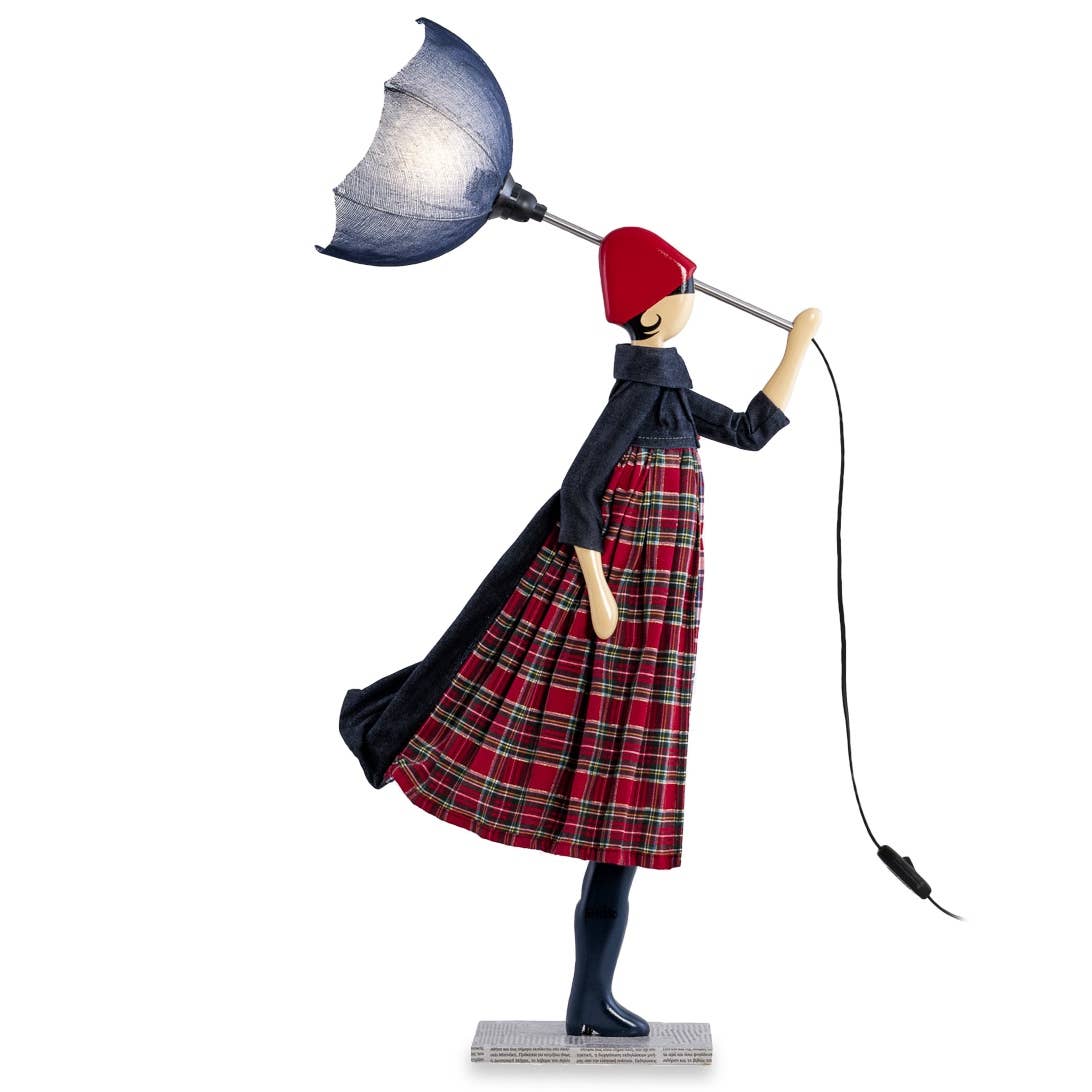 Eleri Lady Lamp: whimsical figurine with woman in red plaid skirt holding blue umbrella light
