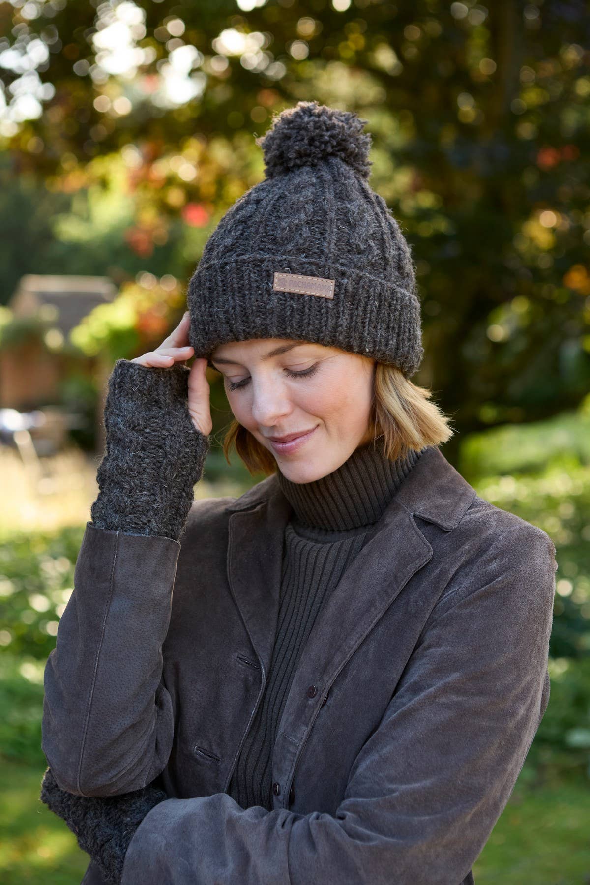 Chamonix - Cable Knit Sherpa Lined Wool Winter Bobble Hat Bark: Bark