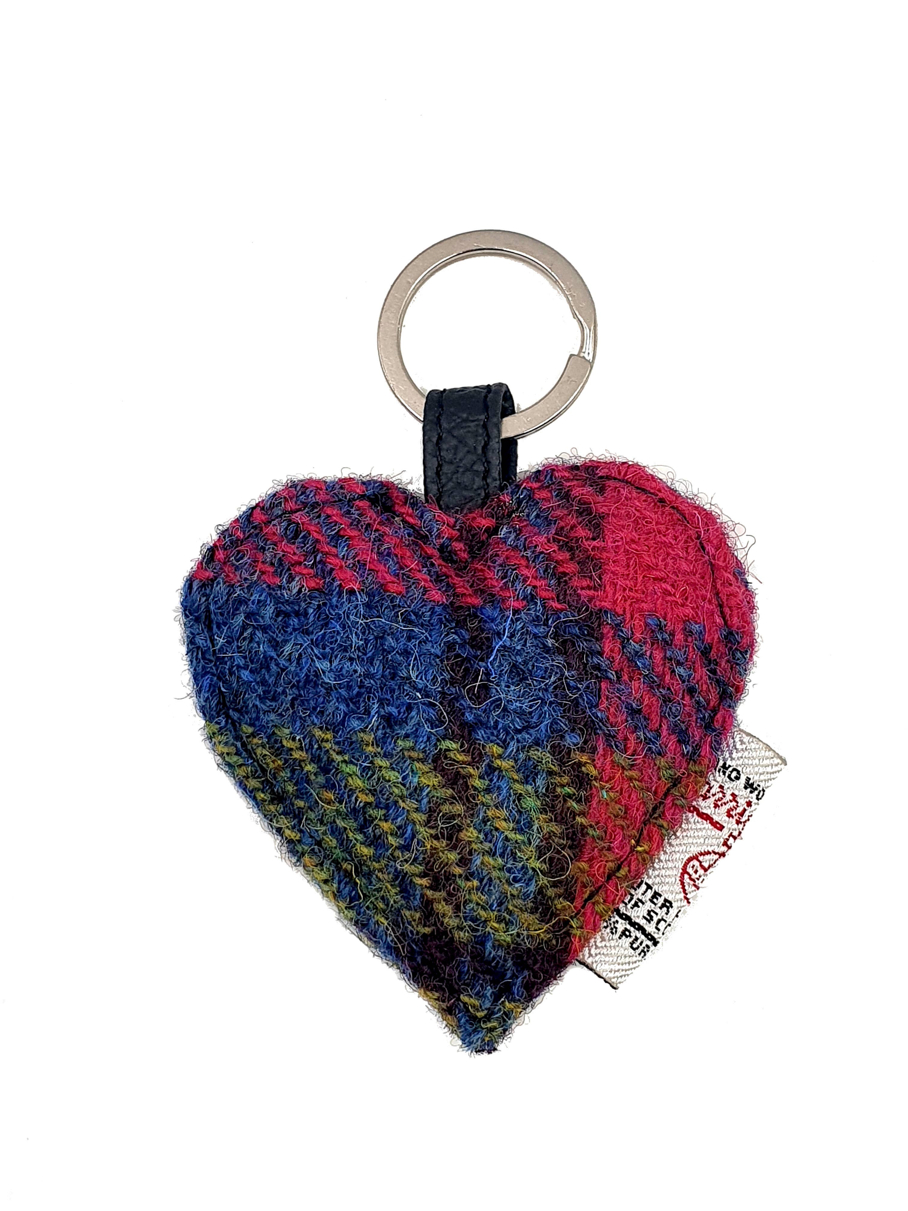 Harris Tweed Heart Keyring Blue Pink Check